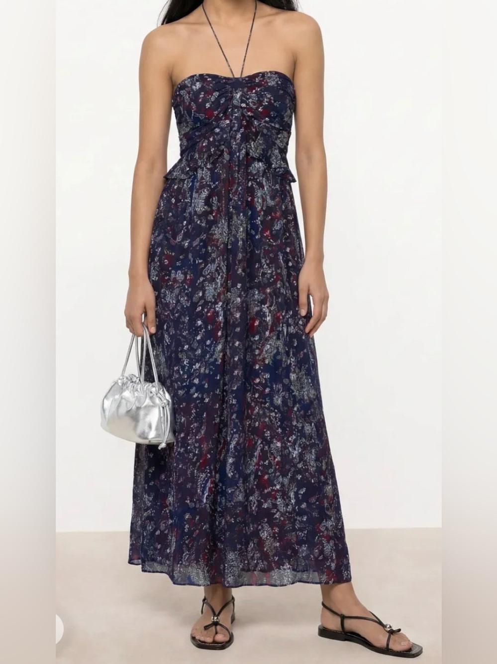 IRO Somov Dress Floral Strapless Style with Halter Tie Maxi Dress in Navy H12